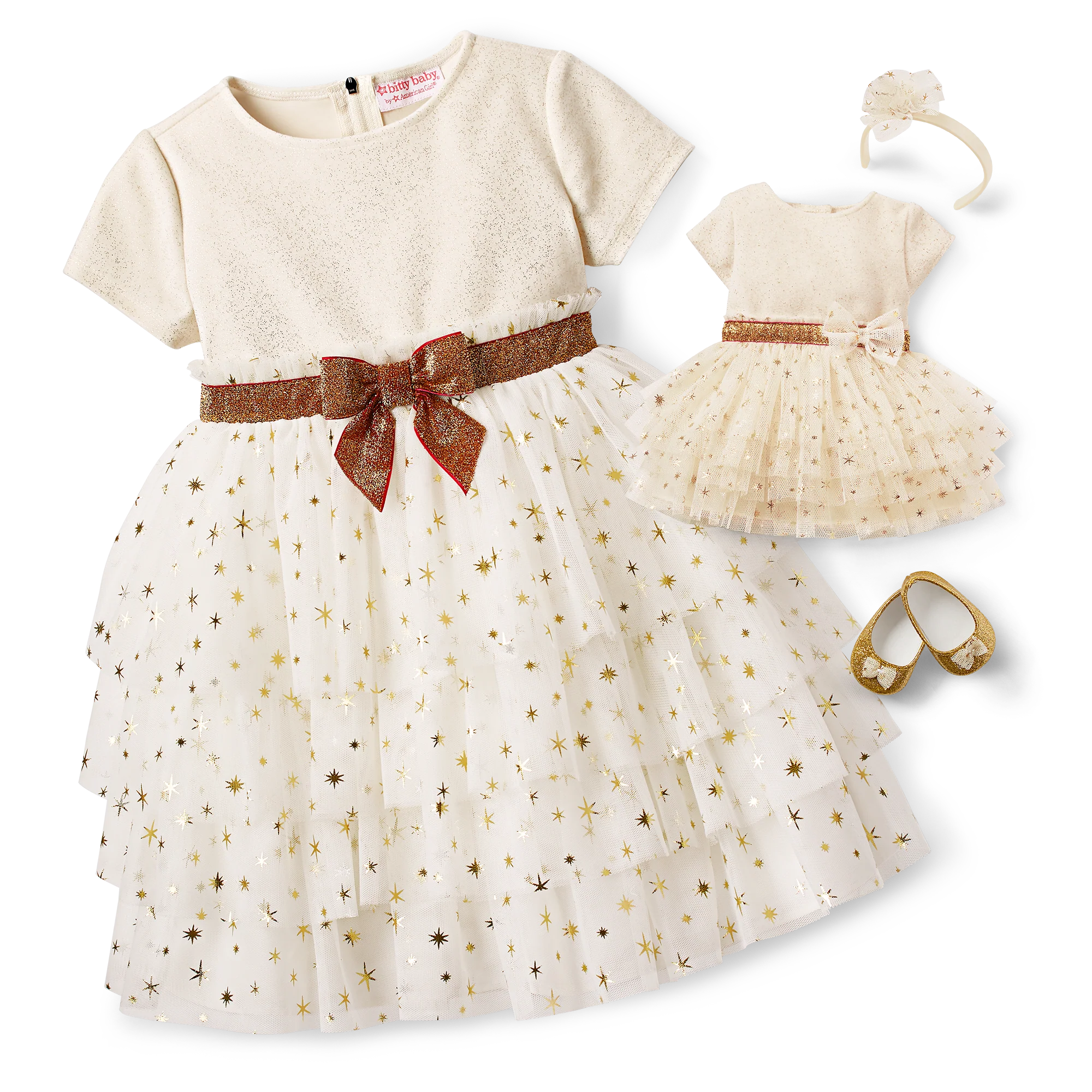 Golden Twinkle Dress for Little Girls & Bitty Baby Dolls 2 Golden Twinkle Dress for Little Girls & Bitty Baby Dolls