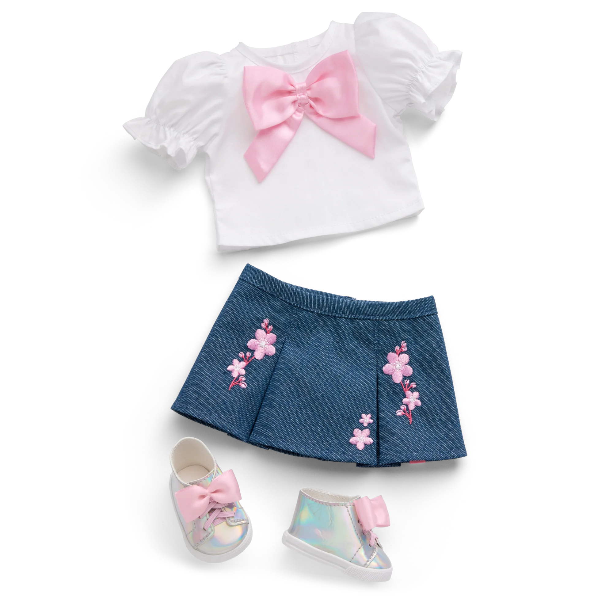 AG™ x Harlem’s Fashion Row Cherry Blossom Couture Bow Shirt & Jean Skirt for 18-inch Dolls